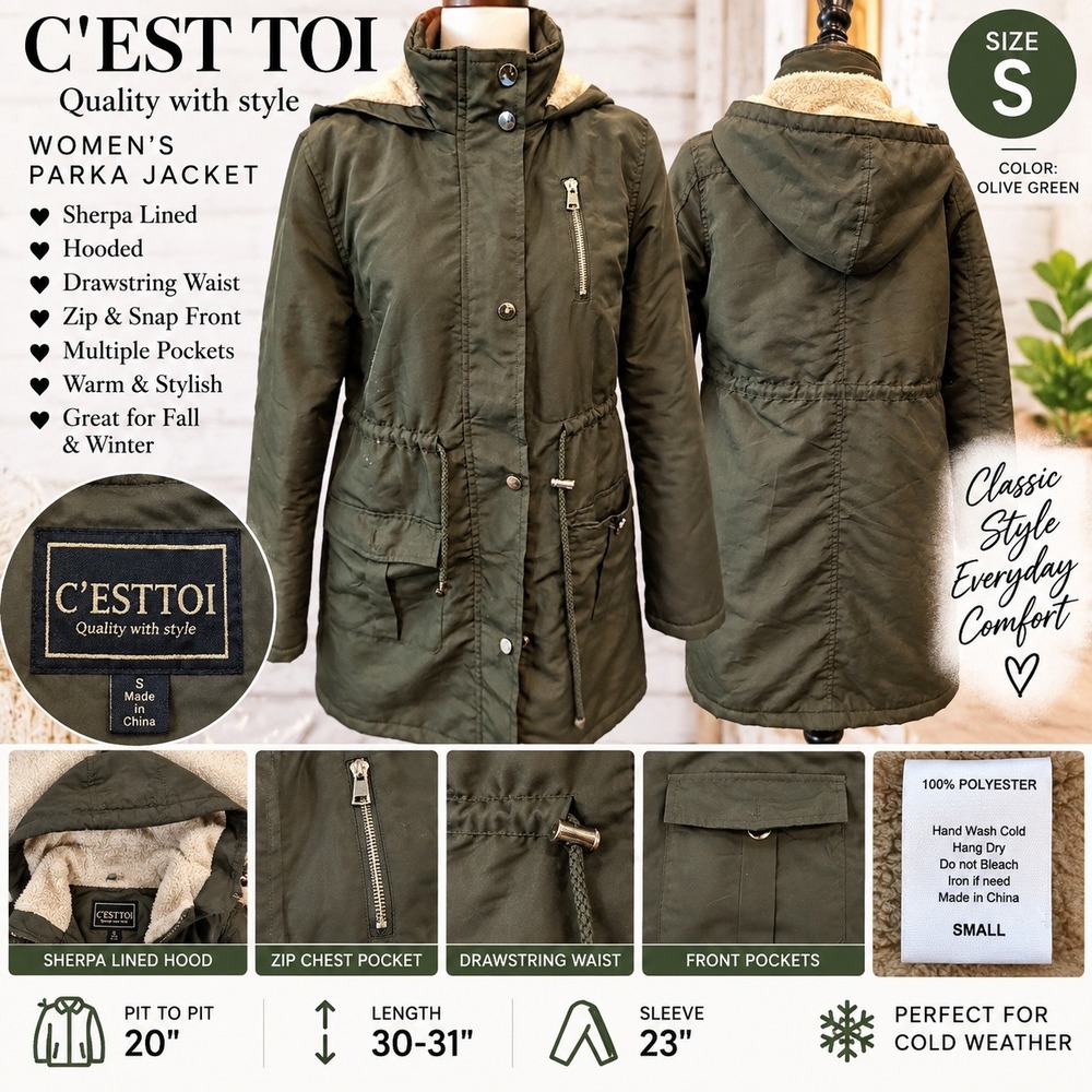 C'EST TOI Womens Parka Jacket Olive Green Sherpa Lined Hooded GJ1135 Small